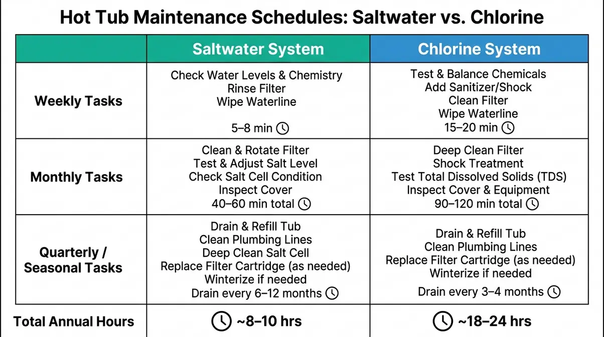 Saltwater vs Chlorine Hot Tub: Pros, Cons & True Cost 4 Saltwater vs chlorine hot tub monthly maintenance schedule comparison showing time requirements for each system