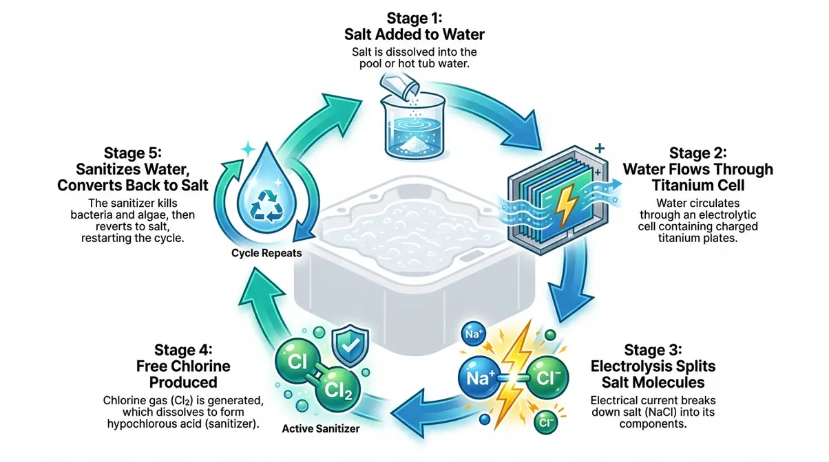 Saltwater vs Chlorine Hot Tub: Pros, Cons & True Cost 2 Salt chlorine generator diagram showing the electrolysis cycle that converts salt into free chlorine for hot tub sanitation