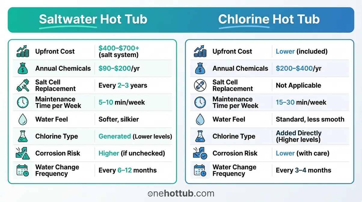 Saltwater vs Chlorine Hot Tub: Pros, Cons & True Cost 1 Saltwater vs chlorine hot tub side-by-side comparison chart showing cost, maintenance, and water feel differences