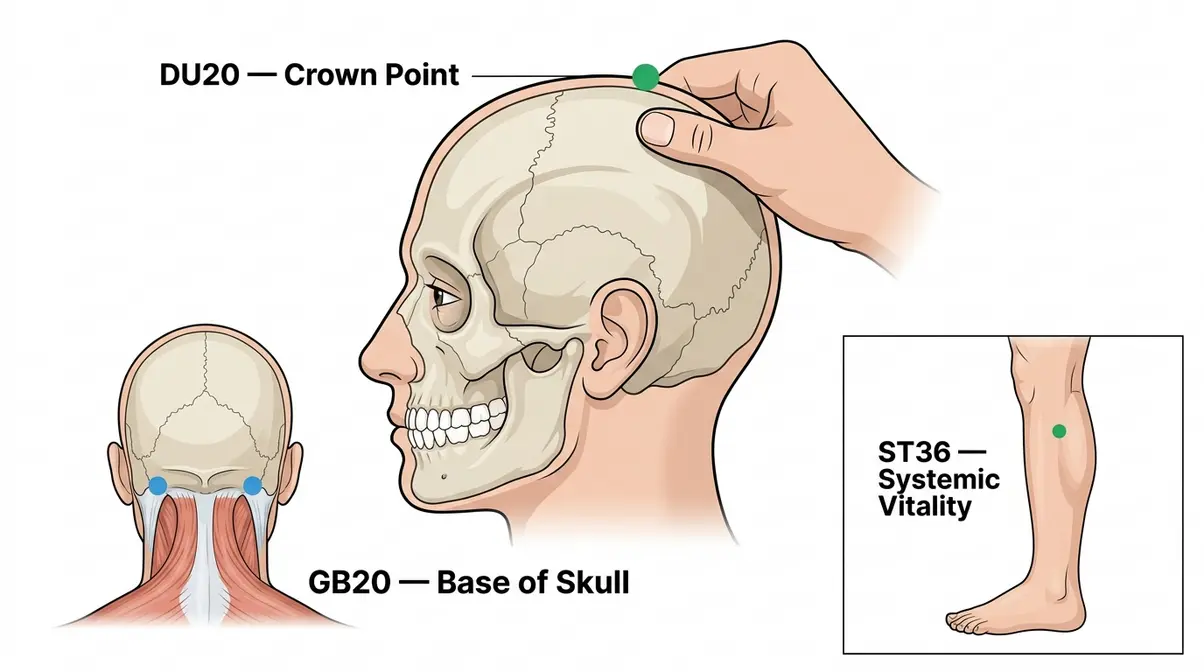 Diagram of acupressure points DU20 and GB20 on head for scalp circulation and hair growth stimulation