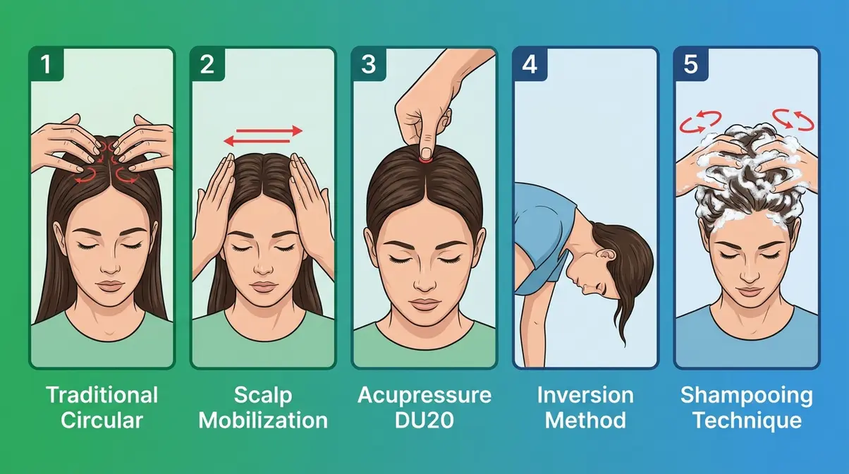 Five-panel overview of scalp massage techniques including circular, mobilization, acupressure, inversion, and shampooing methods
