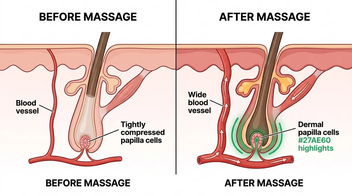 Before and after diagram of hair follicle dermal papilla cell stimulation from scalp massage