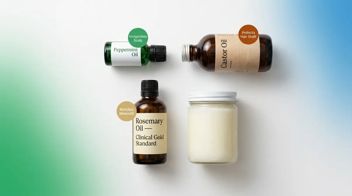Four hair growth oils including rosemary, coconut, peppermint, and castor oil arranged for scalp massage use