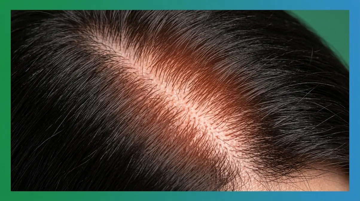 Close-up of scalp surface showing hair follicles with blood circulation glow indicating stimulation