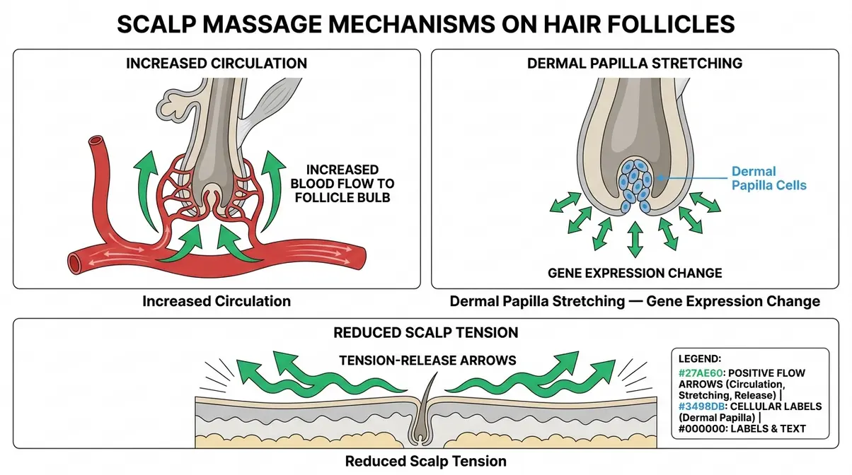 Anatomical diagram showing how scalp massage increases blood flow and stimulates dermal papilla cells for hair growth