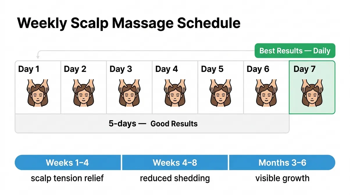Weekly schedule infographic showing daily scalp massage frequency and 3 to 6 month results timeline