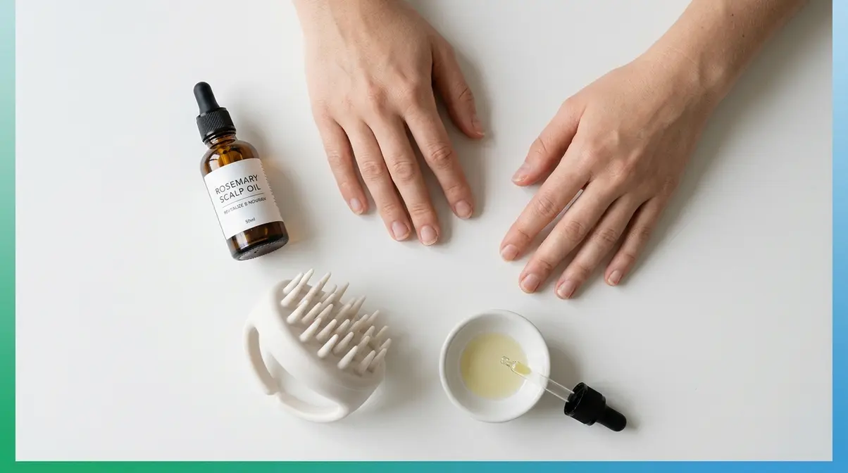 Scalp massage preparation items including rosemary oil, silicone brush, and clean hands on white surface