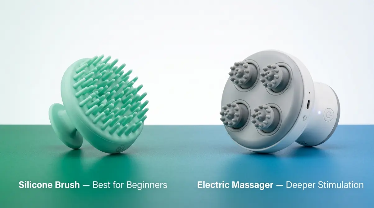 Silicone scalp brush and electric scalp massager side by side for hair growth tool comparison