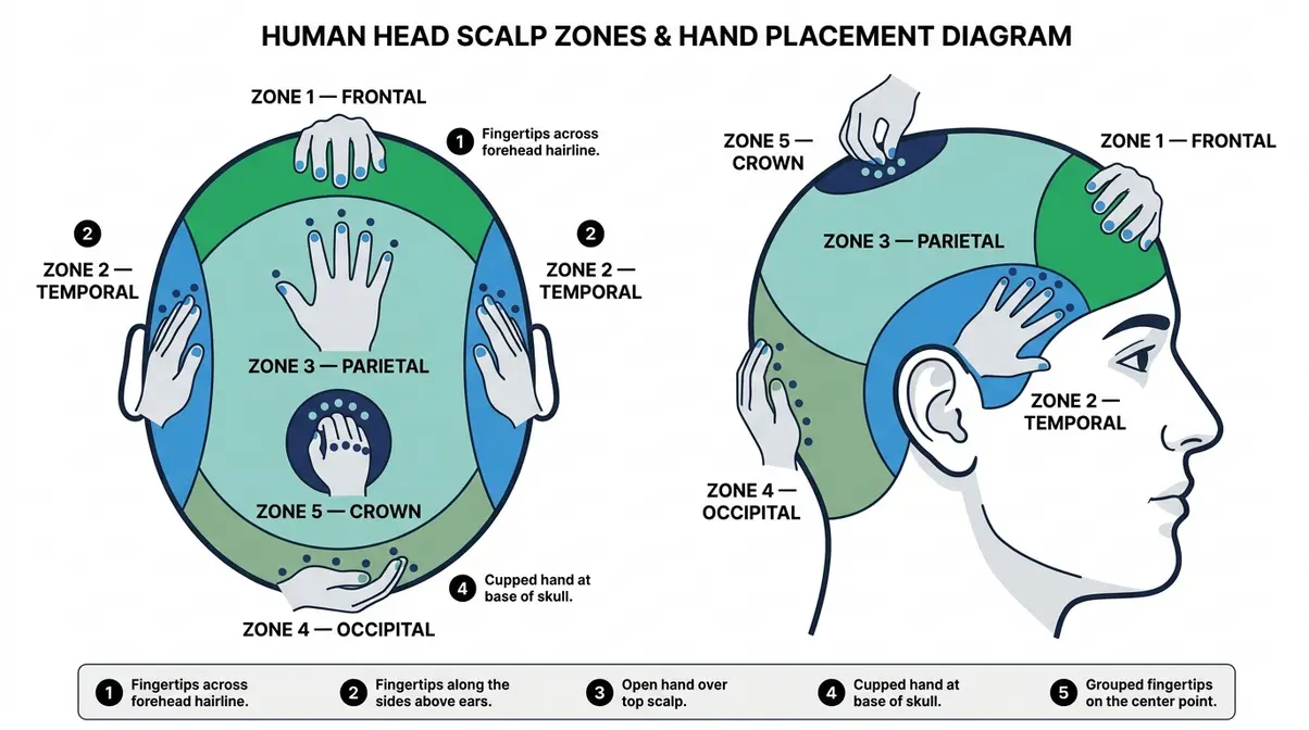 Diagram of five scalp zones with hand placement positions for each scalp massage technique