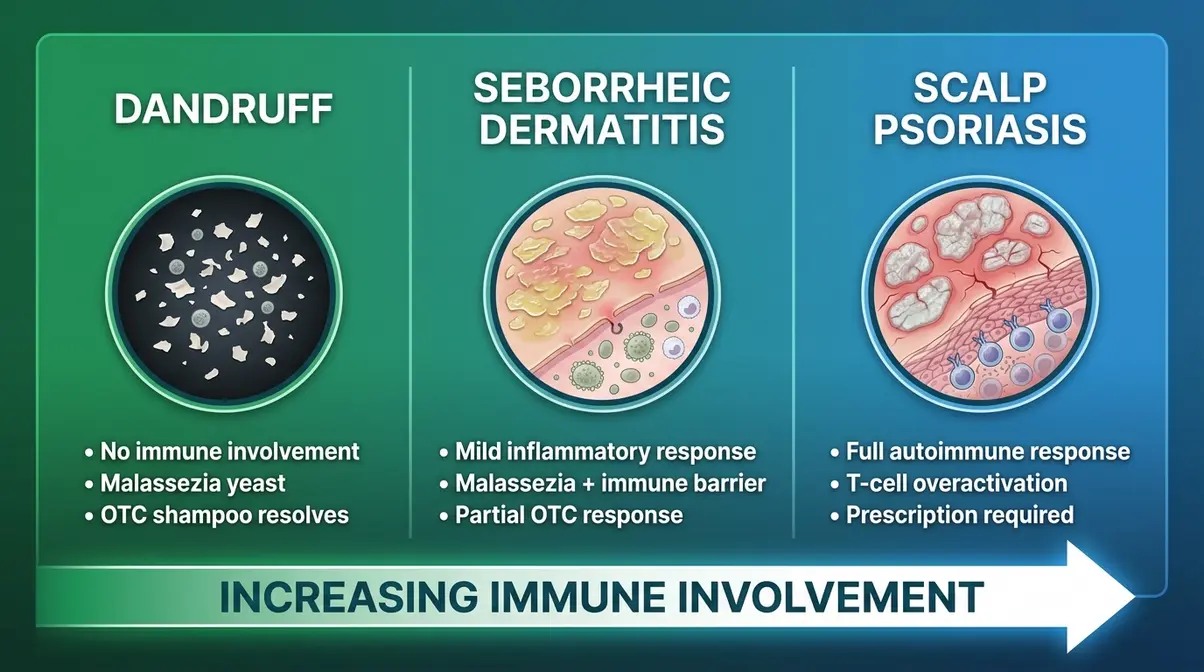 Diagnostic spectrum infographic comparing dandruff, seborrheic dermatitis, and scalp psoriasis by immune involvement