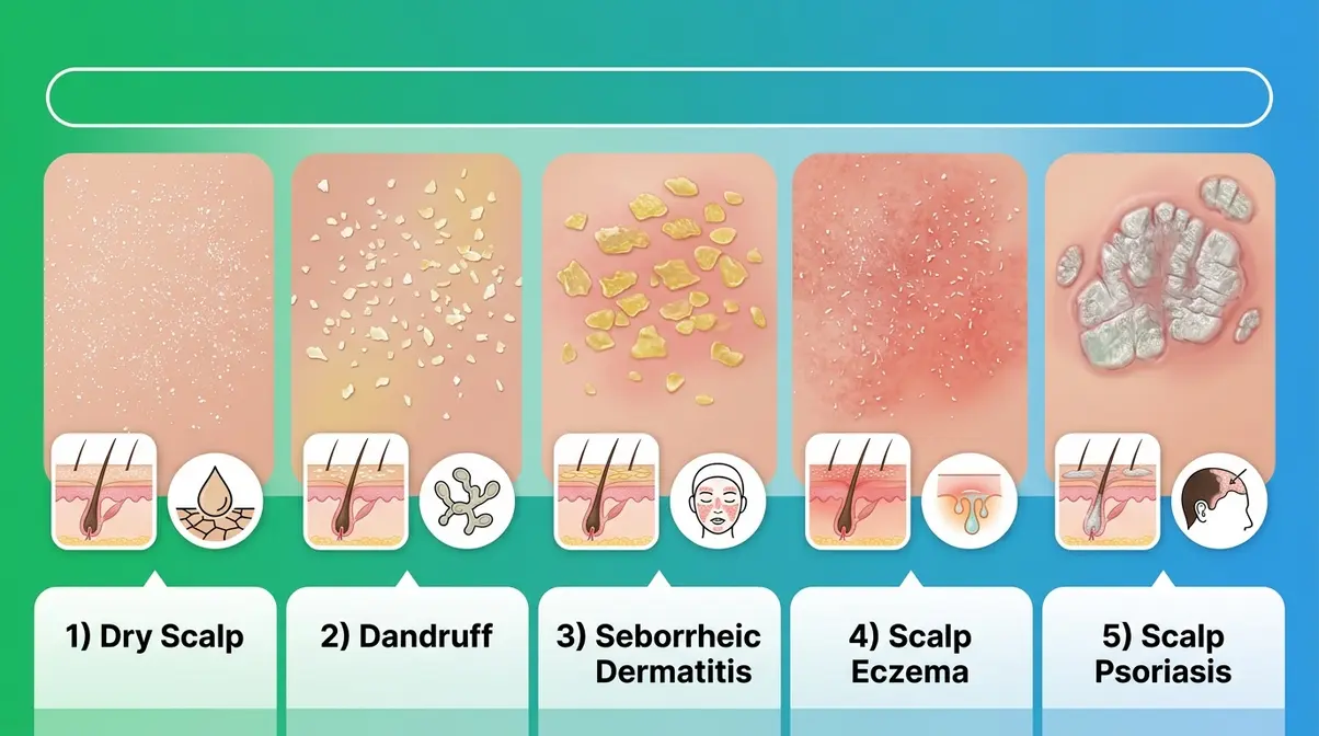Five-condition scalp diagnostic spectrum from dry scalp and dandruff through eczema to scalp psoriasis