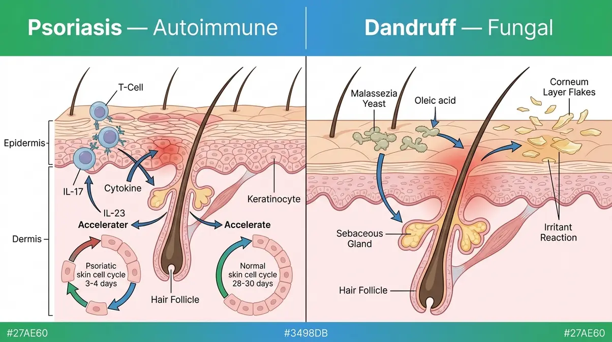Medical diagram comparing autoimmune T-cell cause of scalp psoriasis versus Malassezia yeast cause of dandruff