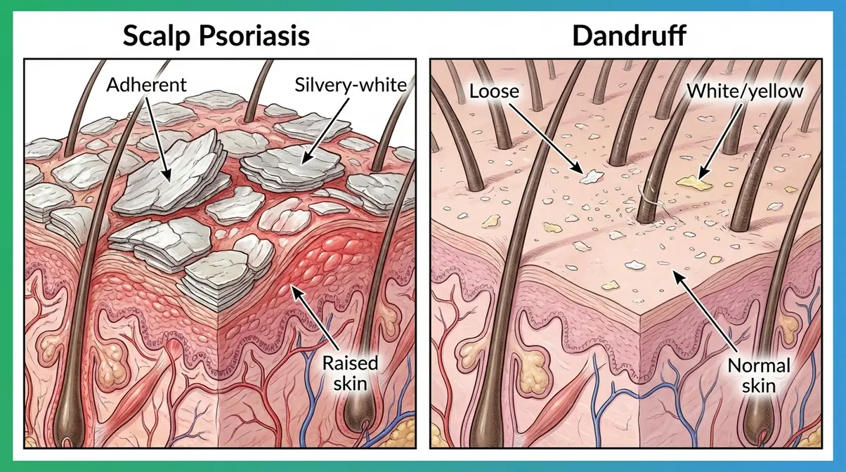 Close-up comparison of thick adherent scalp psoriasis plaques versus small loose dandruff flakes on scalp skin