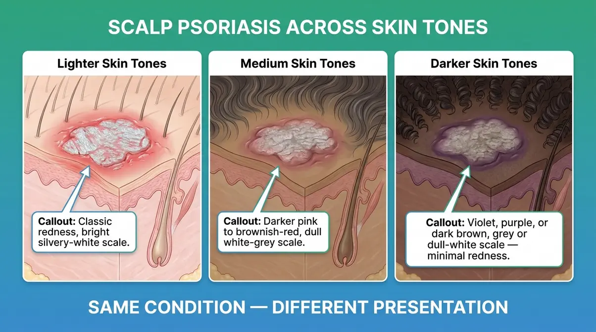 Visual guide showing scalp psoriasis as violet and brown plaques on darker skin tones versus silvery-white on lighter skin
