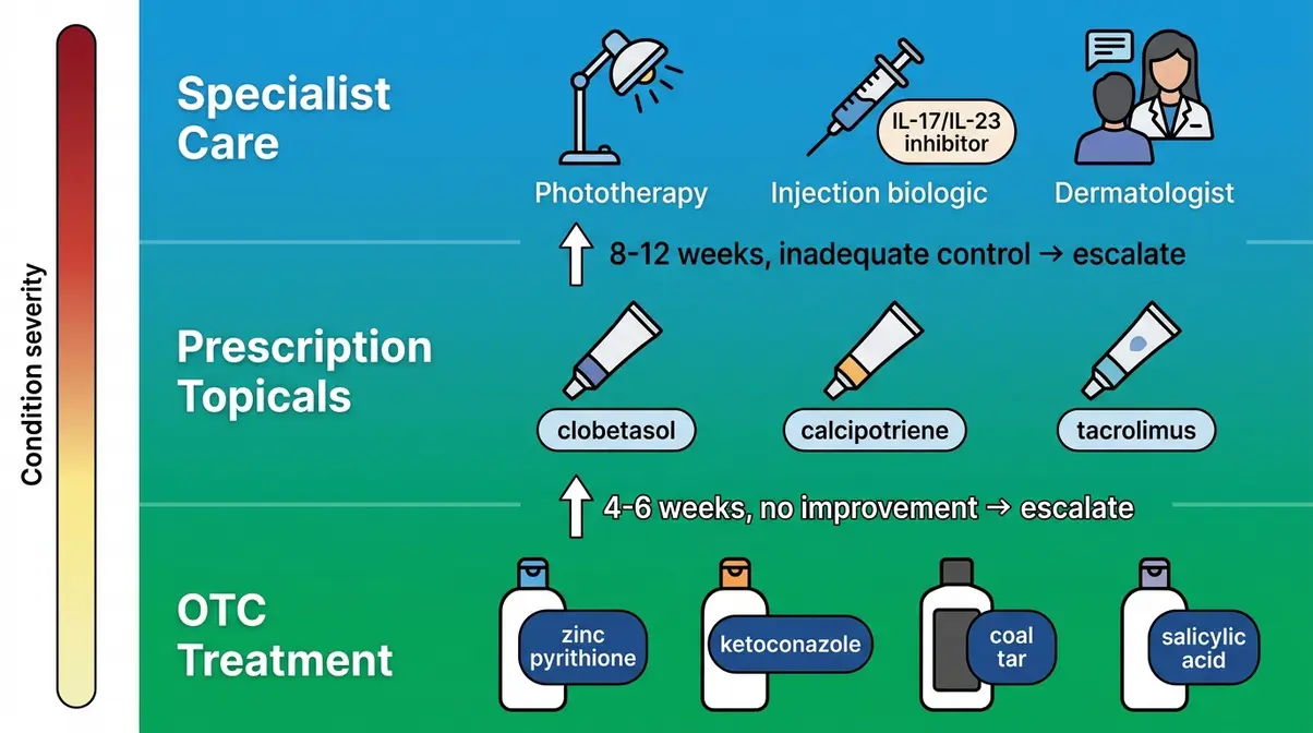 Three-tier scalp psoriasis treatment pathway from OTC shampoos through prescription topicals to specialist biologics