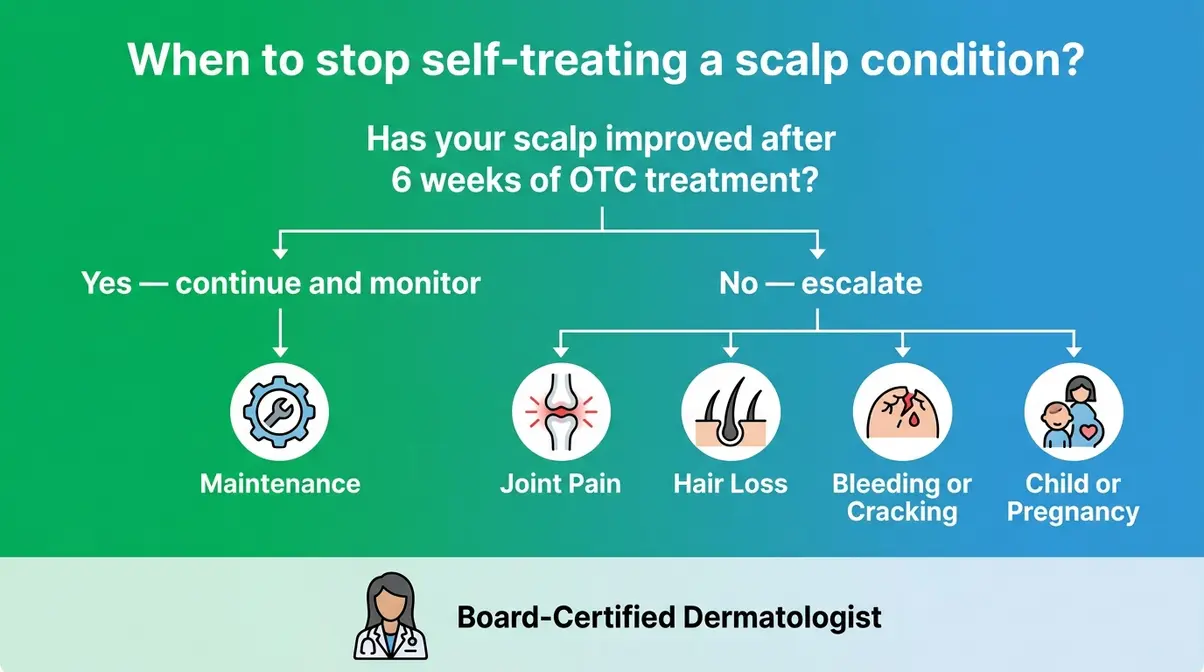 Decision tree showing when to stop self-treating scalp psoriasis or dandruff and see a dermatologist