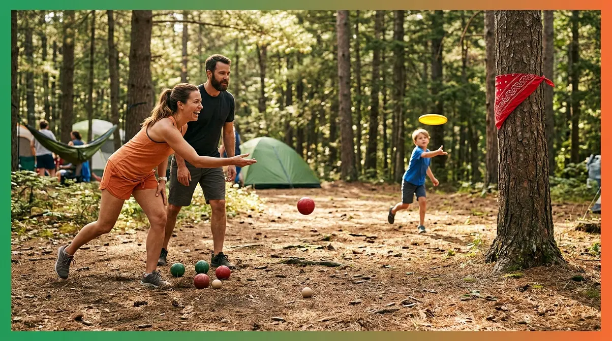 Adults and kids playing bocce ball and frisbee golf at a forested campsite