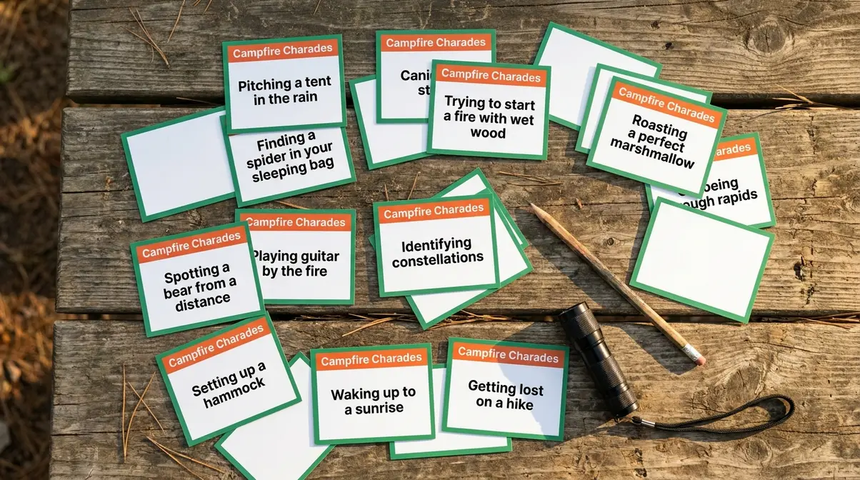 Printable Campfire Charades prompt cards with camping-themed prompts for screen-free play