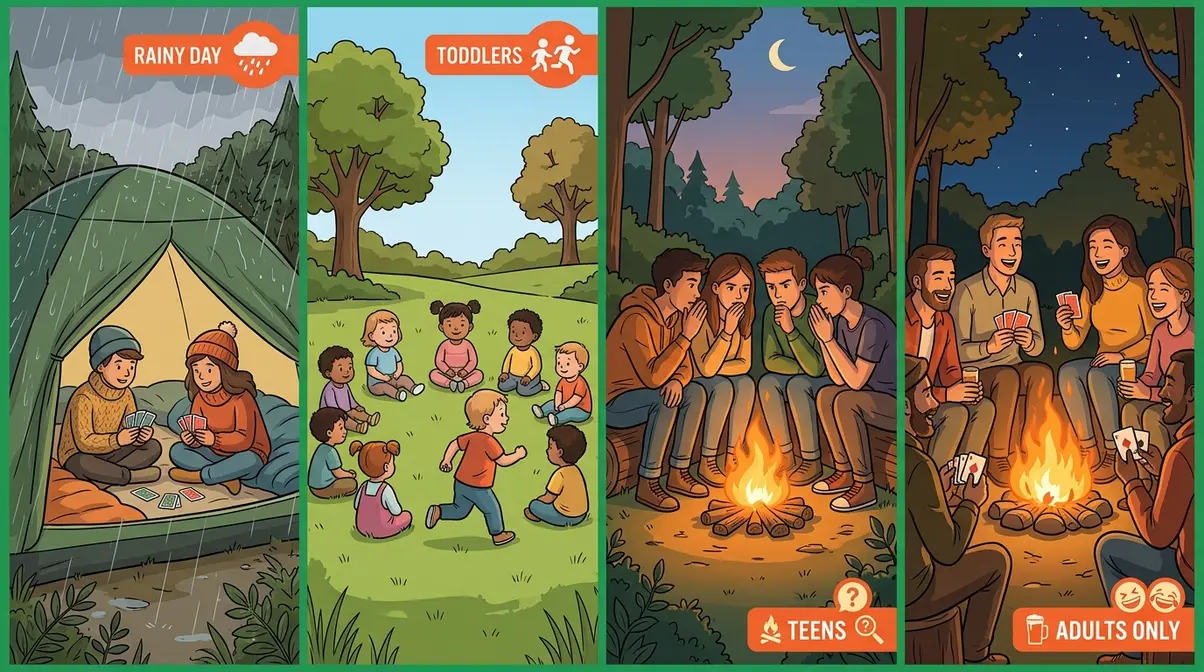 Four camping game scenarios for rainy days, toddlers, teens, and adults at the campsite