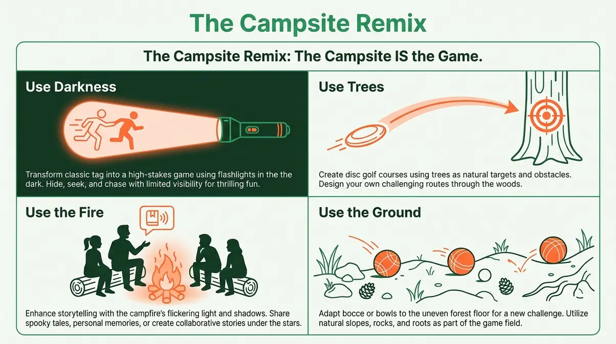 Infographic explaining the Campsite Remix concept for adapting games to outdoor camping environments