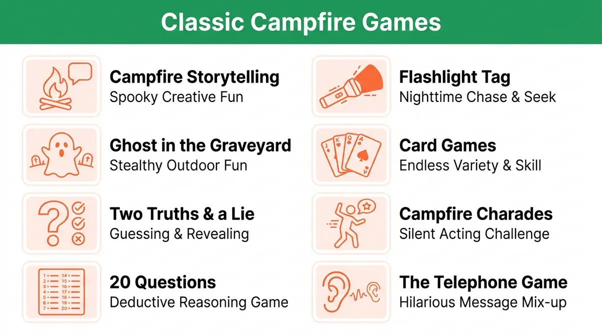 Illustrated quick-reference card showing 8 classic screen-free camping games with icons