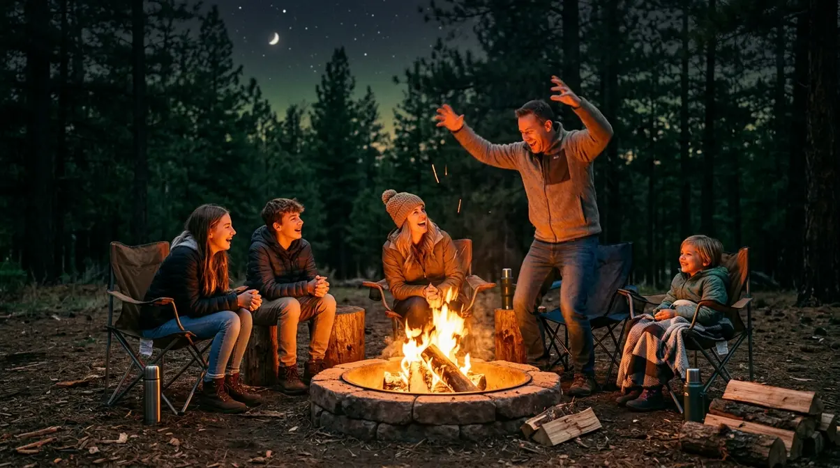 Family playing classic evening camping games around a glowing campfire at night