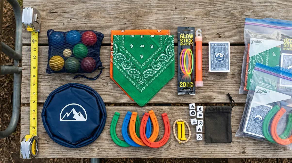 Flat lay of compact camping game kit including cards, bocce, frisbee, and glow sticks