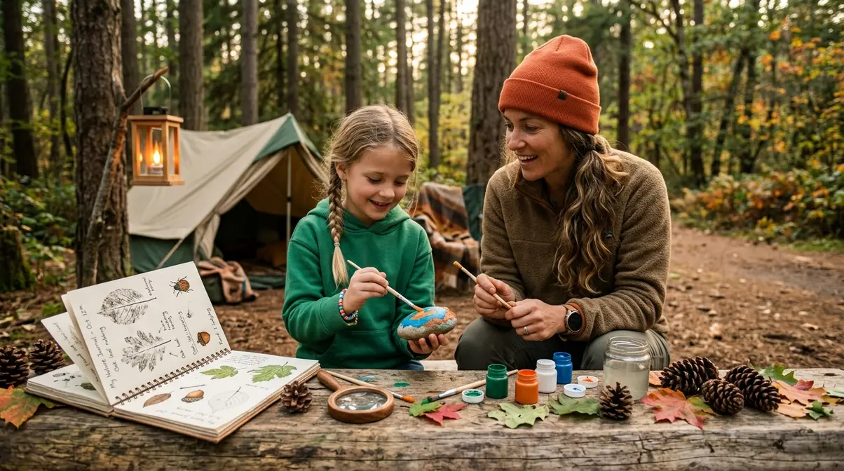 Child and adult doing nature-based camping activities including rock painting and nature journaling
