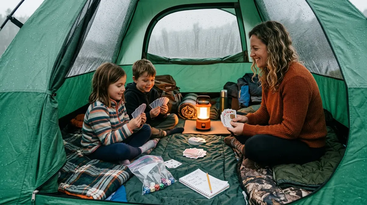 Family playing card games inside a tent on a rainy camping day