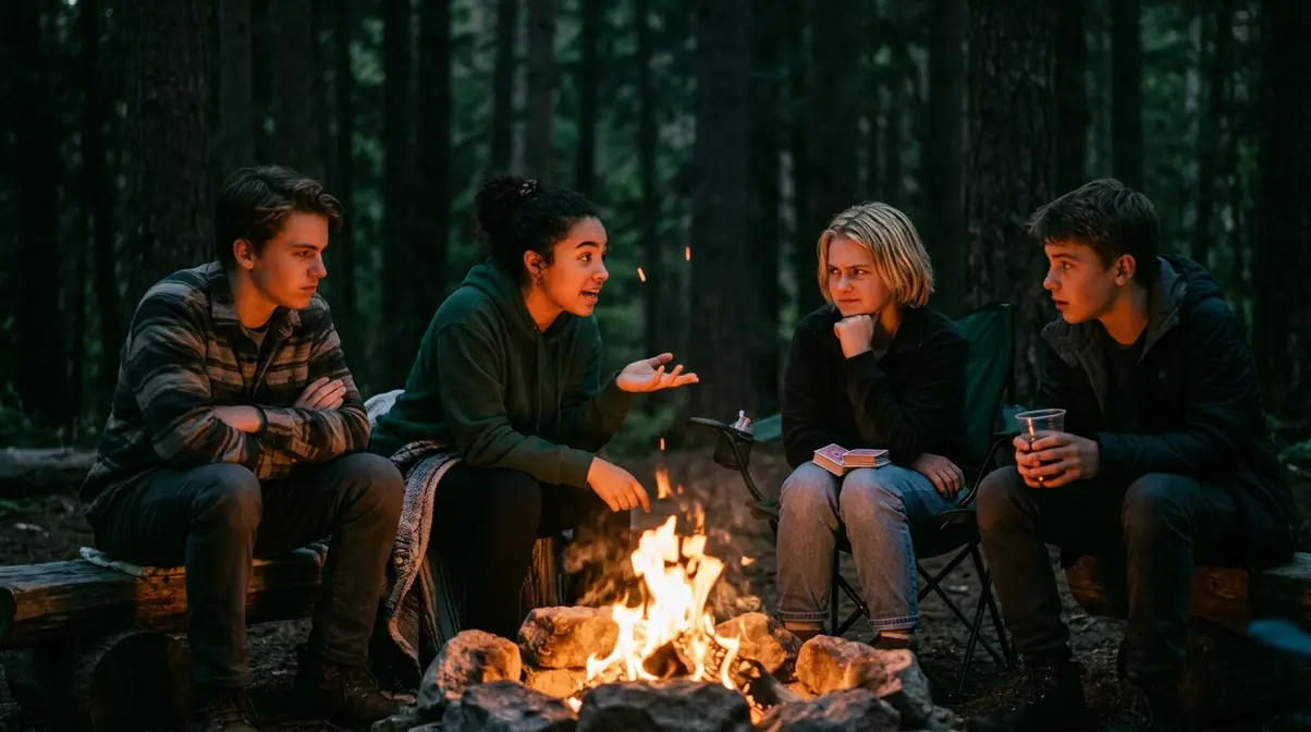 Teenagers playing a social deduction campfire game at night on a camping trip