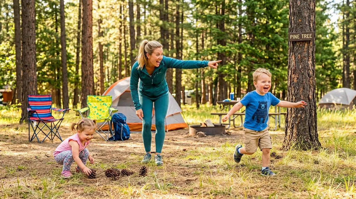 Toddlers playing Simon Says camping game outdoors with parent at a sunny campsite