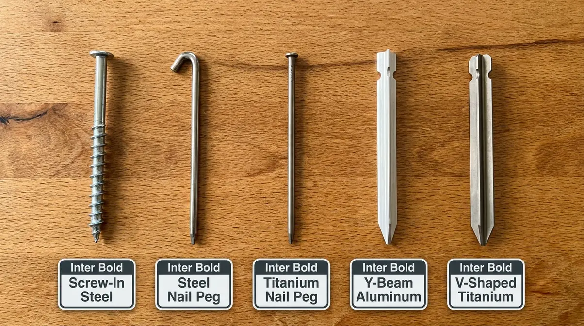Secure tent nail stakes comparison of five types including screw-in steel, titanium nail peg, Y-beam aluminum, and shepherd hook