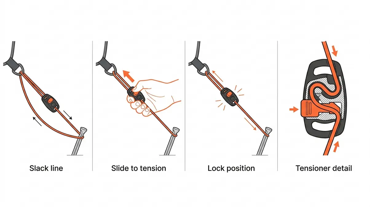 Illustration of tent guy line tensioner adjustment showing four steps to achieve correct line tension
