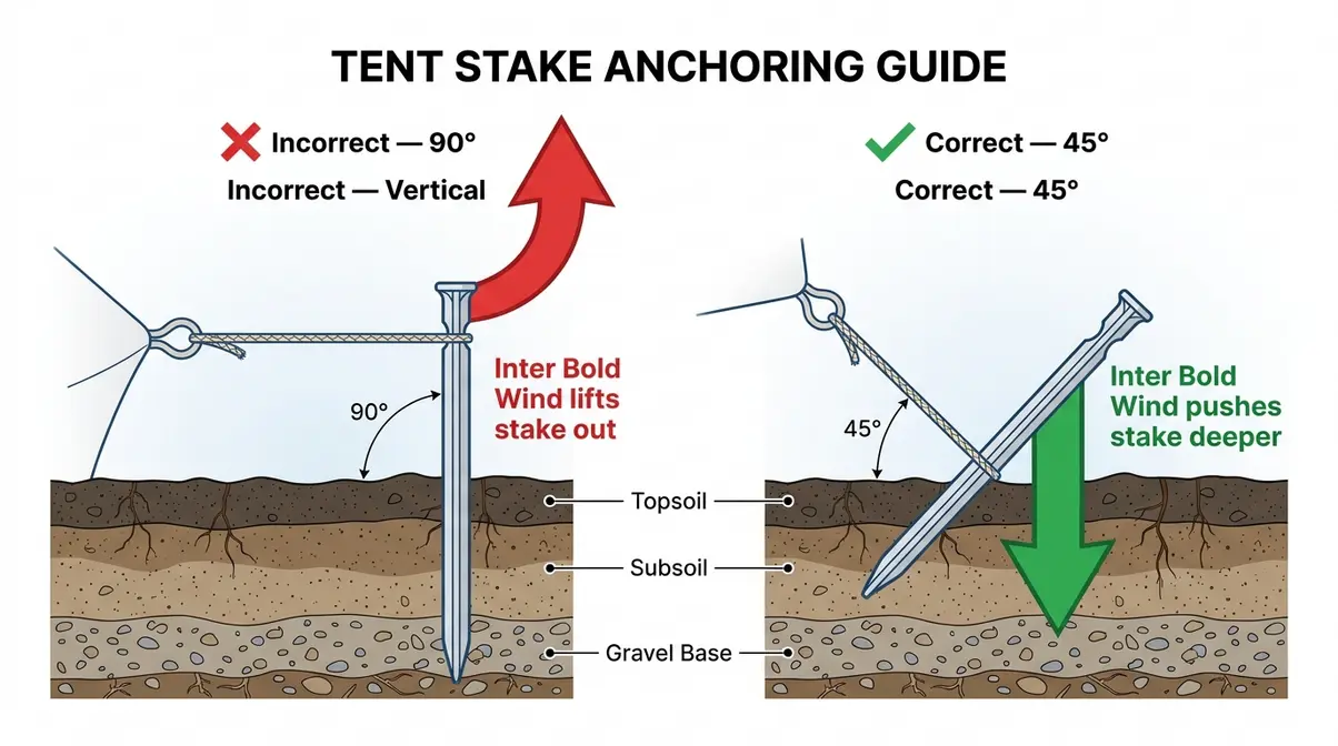 Diagram illustrating the 45-degree tent stake angle technique for maximum holding power in wind