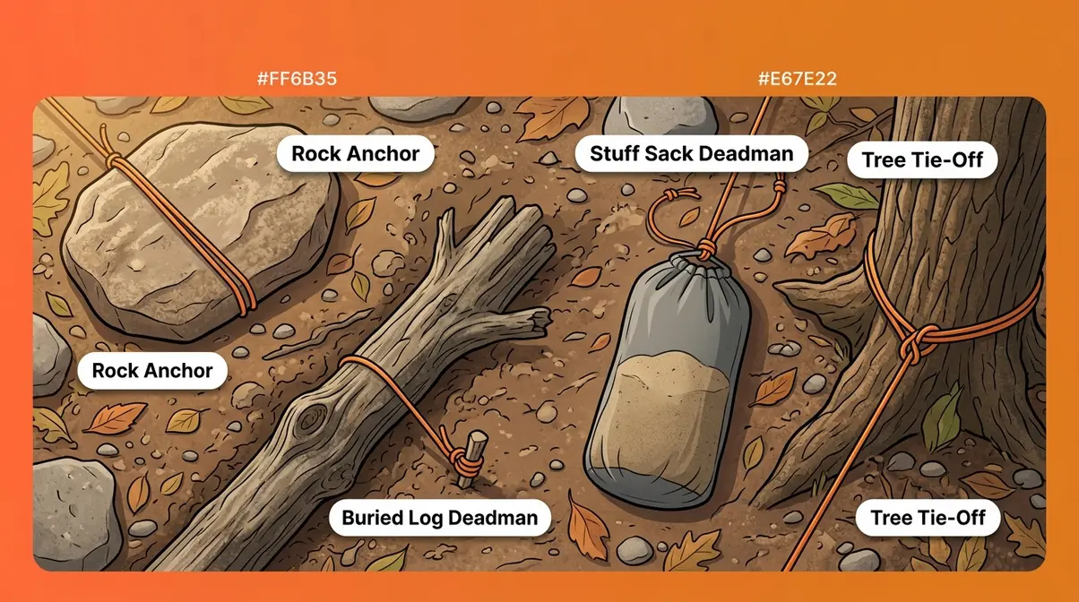 Four DIY tent anchor alternatives including rock anchor, buried log, stuff sack deadman, and tree tie-off