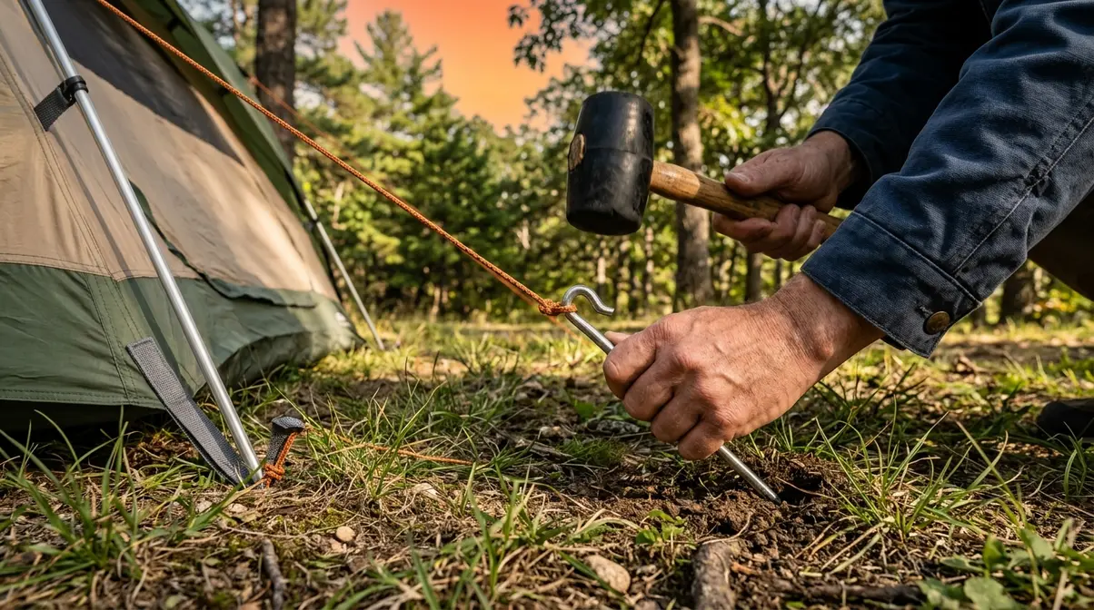 Person driving tent stake at 45-degree angle with rubber mallet and taut guy line attached