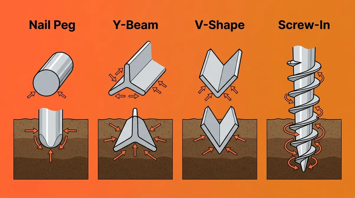 Illustration comparing four tent stake cross-section profiles showing how each grips soil differently