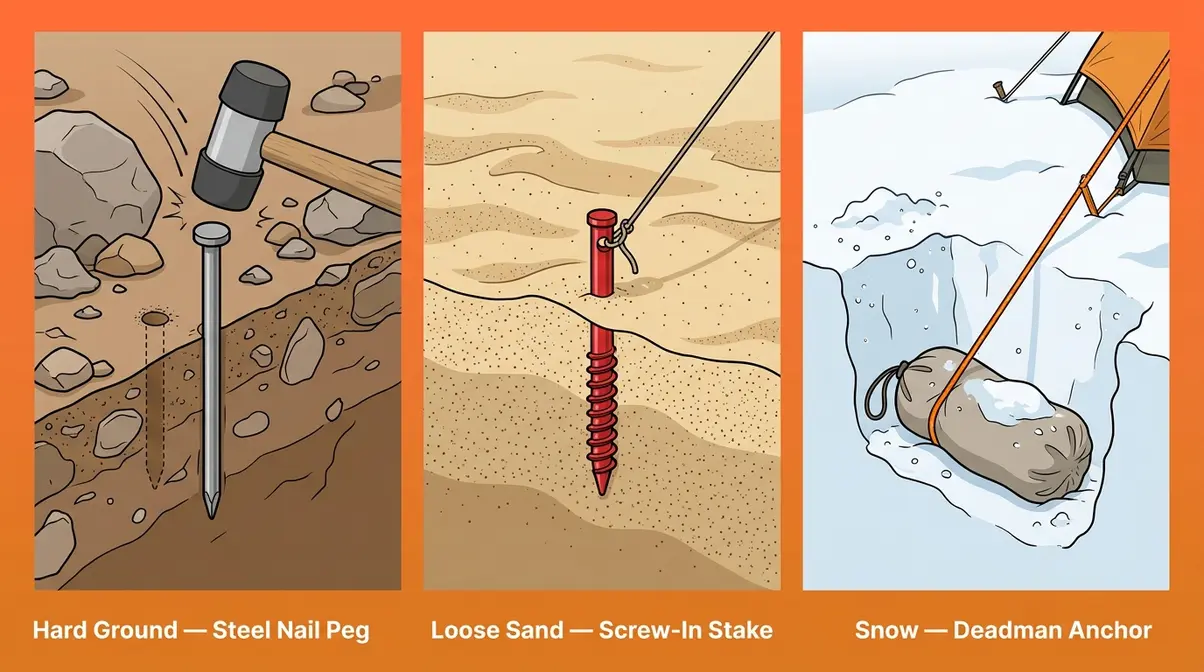 Three-panel illustration showing tent staking solutions for hard ground, loose sand, and snow conditions