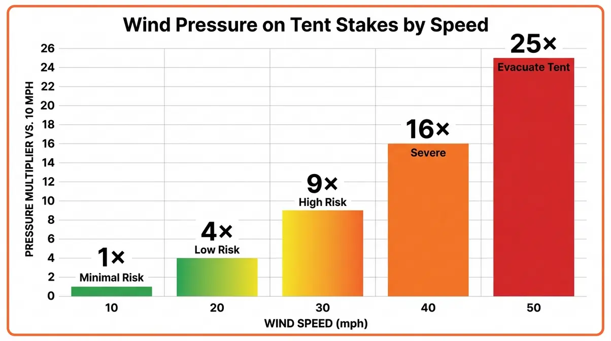 Bar chart showing wind force escalation from 10 to 50 mph and tent stake risk levels color coded green to red