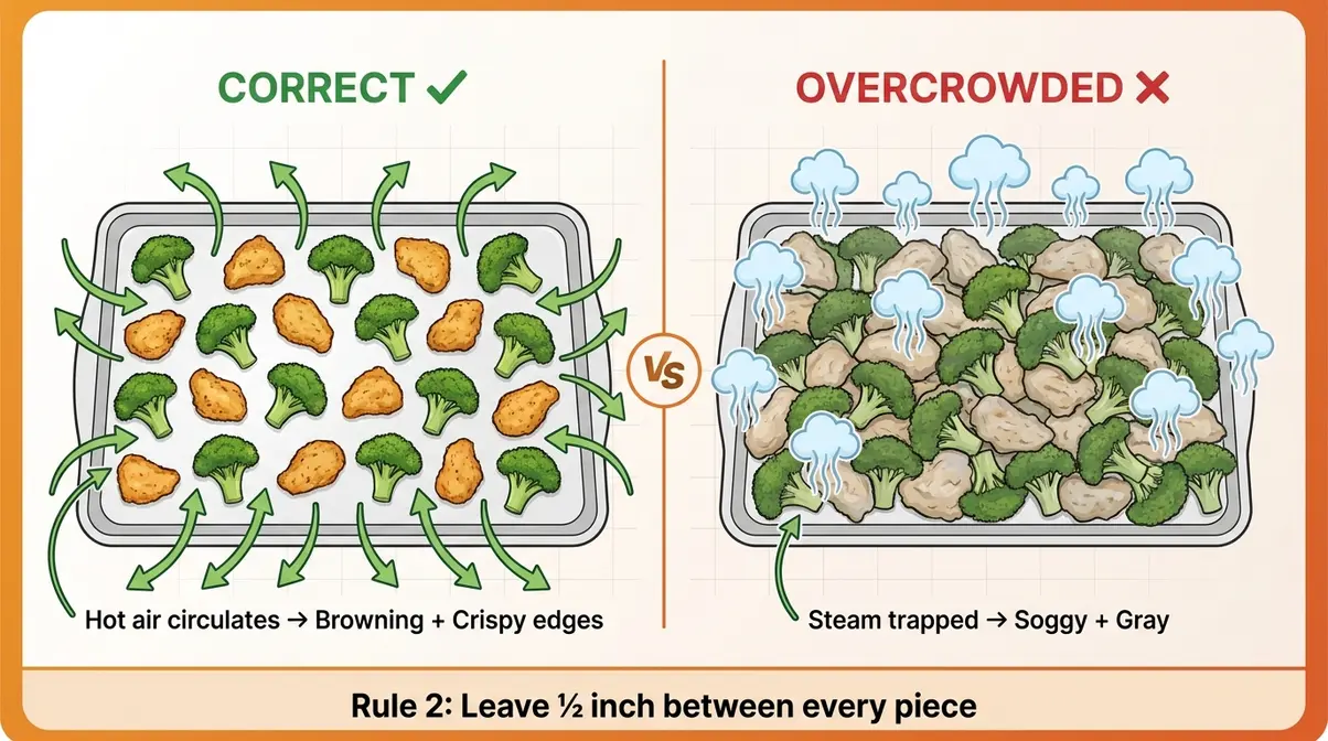 Sheet Pan Meals For Beginners: The 4-2-1 Formula Guide 5 Diagram comparing correct single-layer sheet pan spacing versus overcrowded pan that causes steaming for beginners
