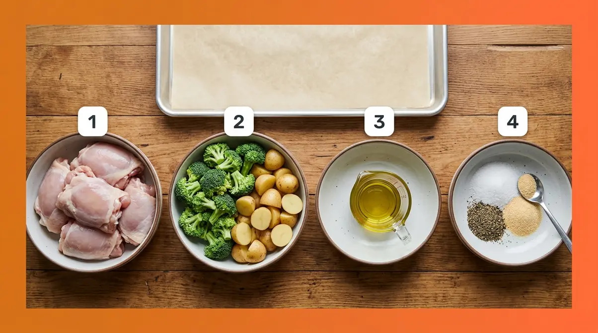 Sheet Pan Meals For Beginners: The 4-2-1 Formula Guide 3 Four prep bowls showing the sheet pan meal formula steps: protein, vegetables, oil, and seasoning