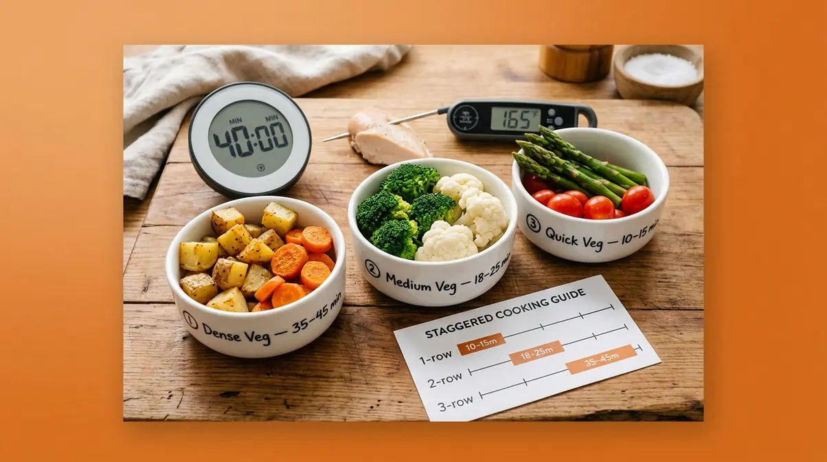Sheet Pan Meals For Beginners: The 4-2-1 Formula Guide 1 Sheet pan timing matrix visual showing dense, medium, and quick-cooking vegetables with roasting times