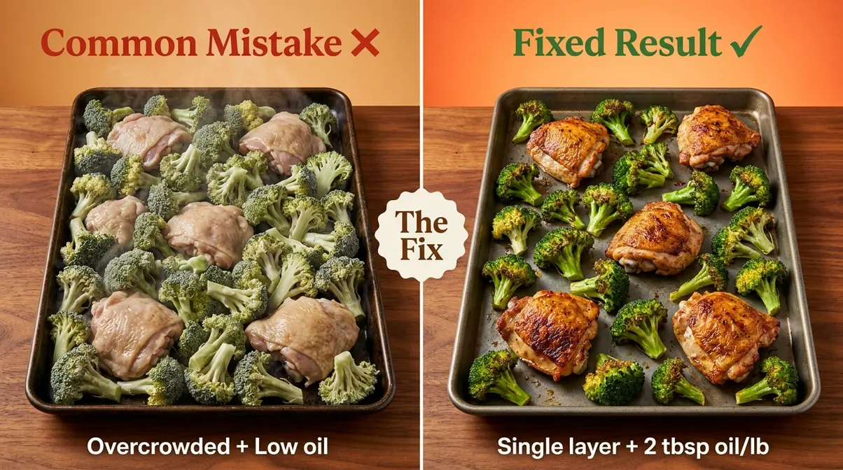 Sheet Pan Meals For Beginners: The 4-2-1 Formula Guide 2 Side-by-side comparison of common sheet pan cooking mistakes versus correctly roasted results