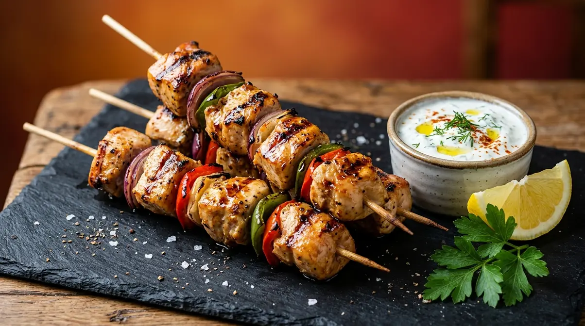 Shish Kebab Vs Doner Kebab Calories Compared (2026) 3 Grilled chicken shish kebab skewers with char marks served with yogurt sauce and lemon