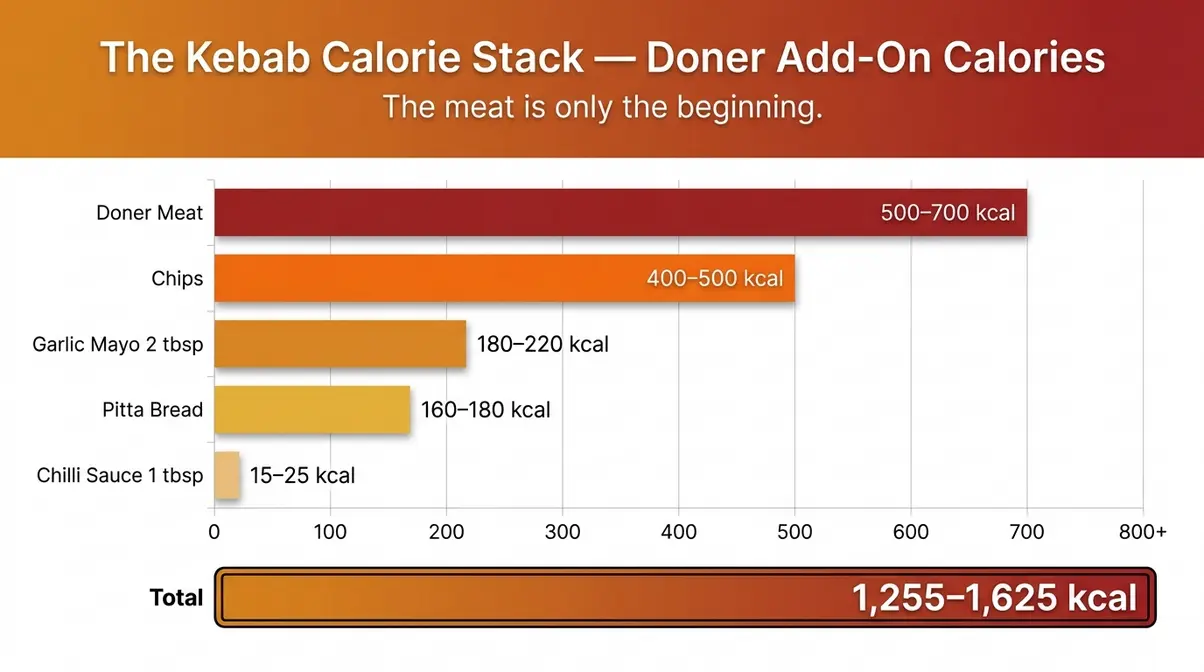 Shish Kebab Vs Doner Kebab Calories Compared (2026) 5 Doner kebab hidden calorie add-on chart showing The Kebab Calorie Stack components from meat to chips