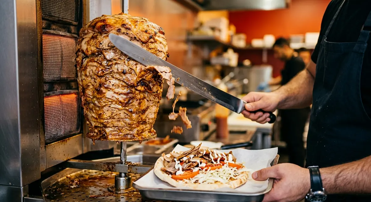 Shish Kebab Vs Doner Kebab Calories Compared (2026) 4 Lamb doner kebab sliced from vertical rotisserie spit into an open pitta bread with garlic mayo