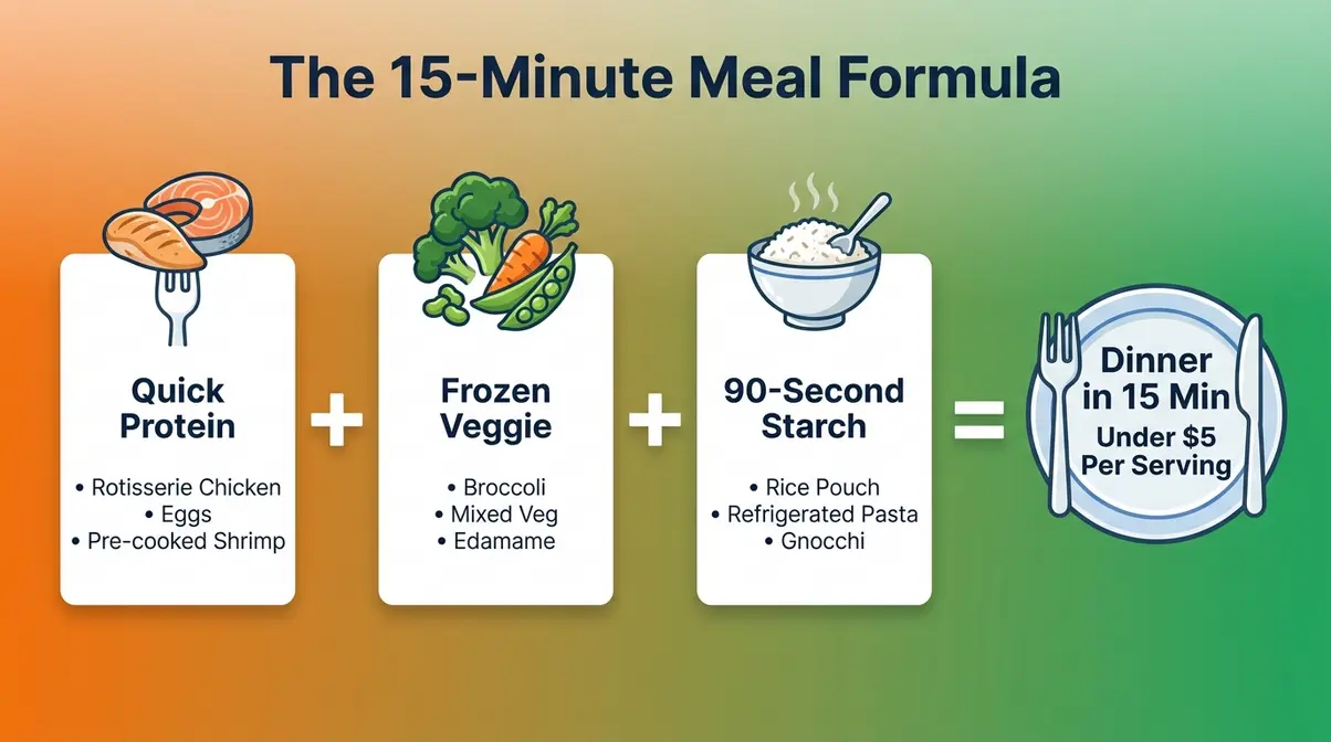 15 Shortcuts To Get Dinner On The Table Fast Tonight 1 The 15-Minute Meal Formula infographic — quick protein plus frozen veggie plus 90-second starch equals dinner fast