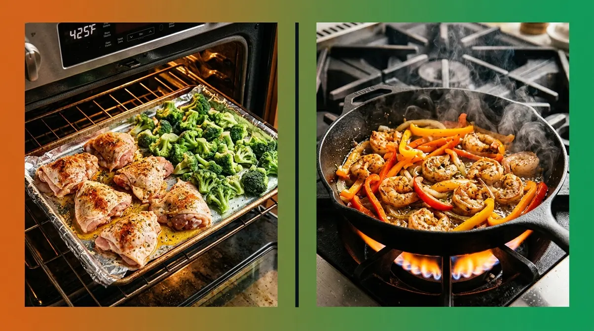 15 Shortcuts To Get Dinner On The Table Fast Tonight 4 High-speed cooking techniques — sheet pan meal in oven and shrimp stir-fry in cast iron skillet side by side