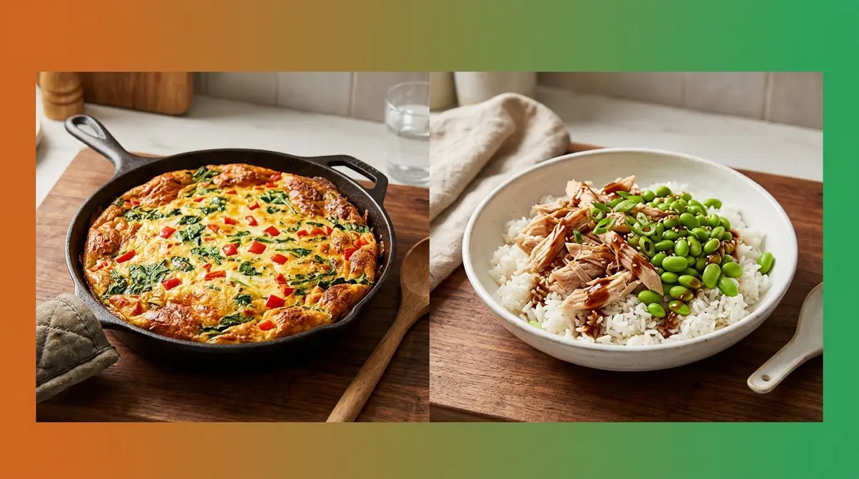 15 Shortcuts To Get Dinner On The Table Fast Tonight 5 Lazy dinner formulas — golden frittata in cast iron skillet beside a teriyaki chicken rice bowl