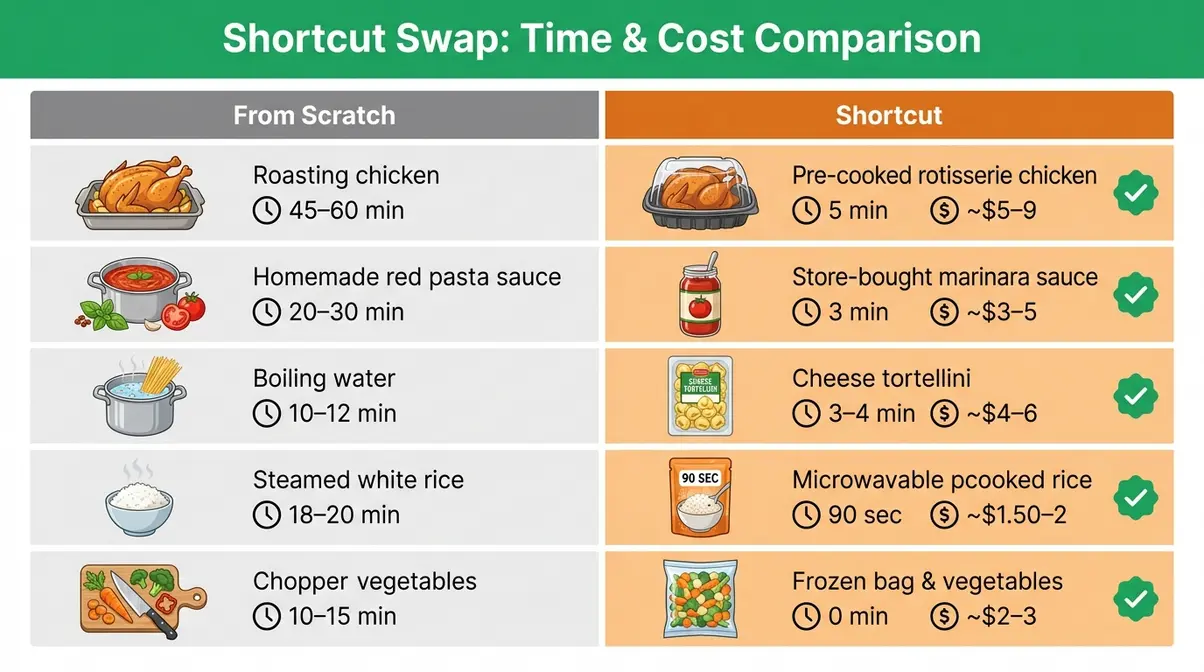 15 Shortcuts To Get Dinner On The Table Fast Tonight 3 Shortcut Swap comparison chart showing store-bought dinner shortcuts versus scratch cooking time and cost